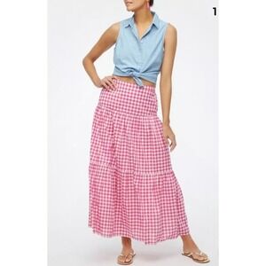 J.Crew Size Small Fuschia Pink White Gingham‎ Triple Tier Maxi Skirt